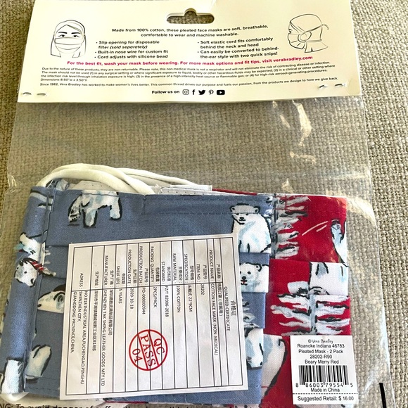 NIB 2 Vera Bradley Pleated Adult Masks in Beary Merry - Picture 2 of 2